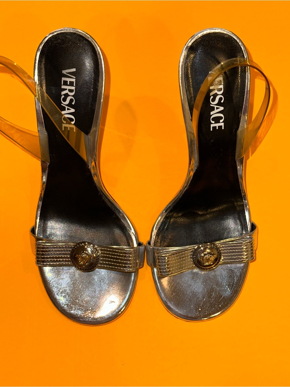 Versace Silver Medusa 110mm Stiletto Ribbon Open Toe Heels IT 40 US 10 READ FLAW
